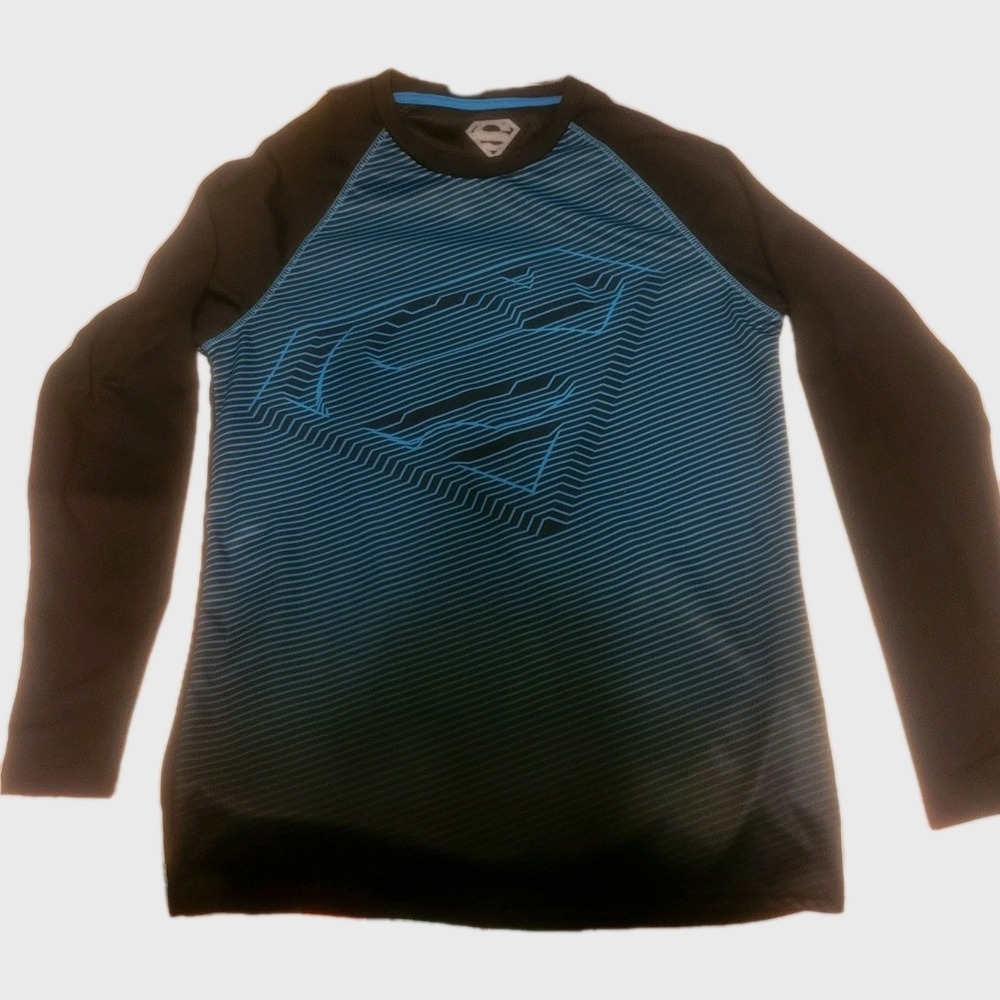 Mens L/S Tee Shirt SUPERMAN LOGO Turquoise Black 3-D LOOK Striped SIZE M 38-40